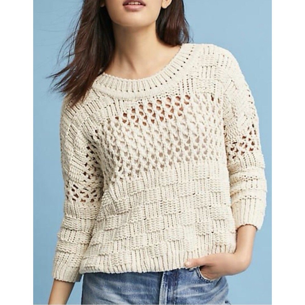 Anthropologie Moth Chenille Sweater Sz XS Cream Open Knit Basketweave Pullover